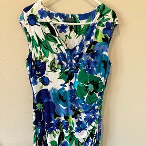 Ralph Lauren Floral Jersey Ruched Dress - Size 14. Blue, green and white.